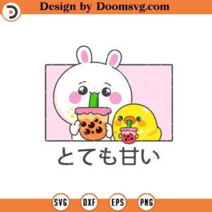 Bunny And Duck Drinking Bubble Tea SVG, Kawaii Anime SVG