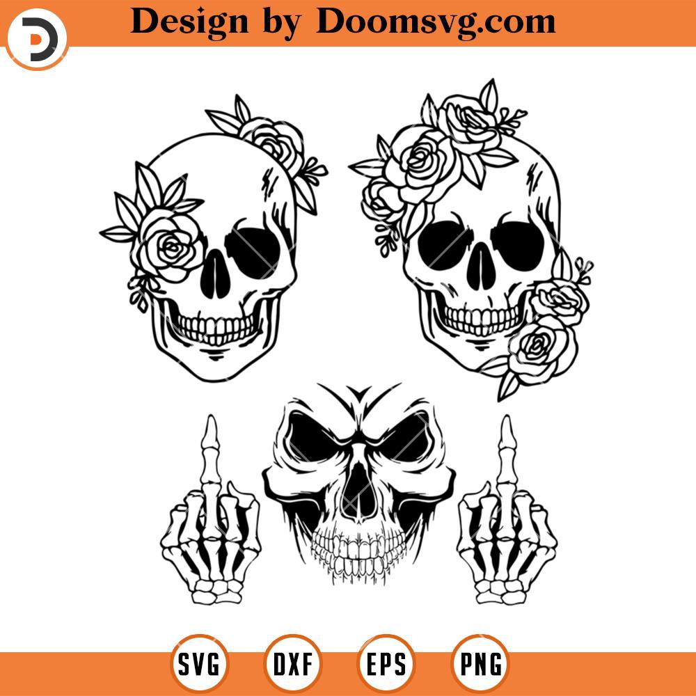 Floral Skull Svg Halloween Gothic Svg Skull Middle Finger Svg Doomsvg