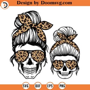 Mom And Daughter Skull SVG, Messy Bun Skull SVG, Leopard Headband Skull SVG