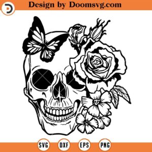 Rose Skull SVG, Skull Silhouette SVG, Butterfly Skull SVG