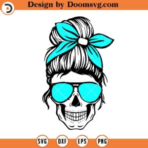 Skull Mom Messy Bun With Aqua Headbands SVG, Momlife SVG