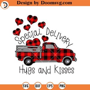 Special Delivery Hug And Kisses SVG, Buffalo Plaid Truck Carring Heart SVG, Valentine Day SVG