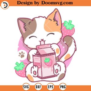 Strawberry Shake Milk Cat Kawaii SVG, Neko Anime SVG