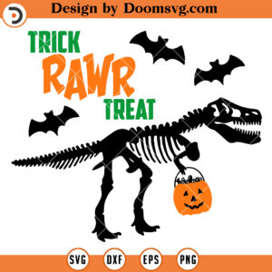 Trick Rawr Treat SVG, Funny Dinosaur Skeleton With Pumpkin Halloween SVG