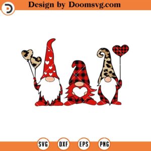 Valentines Gnomes SVG, Three Buffalo Plaid Gnomes And Heart SVG