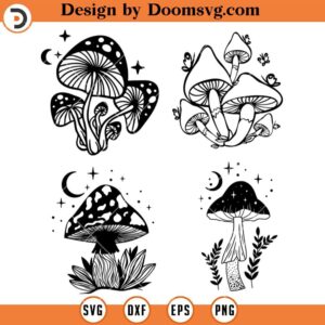 Mystical Mushroom Silhouette SVG, Mystical Mushroom With Moon and Stars SVG