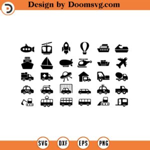 Transportation Vehicles Icon Svg Bundle Car Ship Plane Cycle Bus Camper Rocket Crane Helicopter PNG Files for Cricut Clip Art