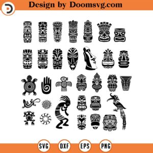 Tiki svg set tiki head svg tribal svg totem tiki mask hawaiian silhouette clipart eps png dxf cut fileiron on stencil